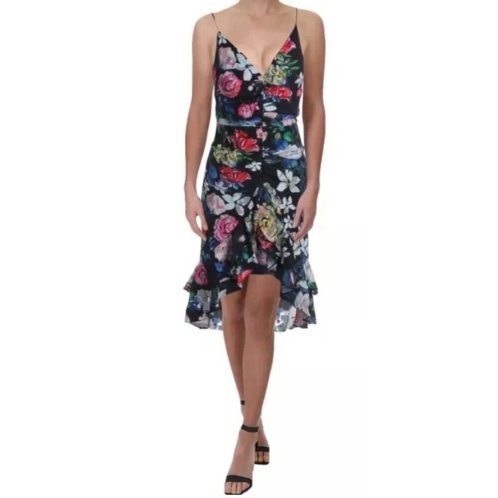 Aidan Mattox Floral Print Ruched High-Low Sleeveless Cocktail Dress Black Size 6